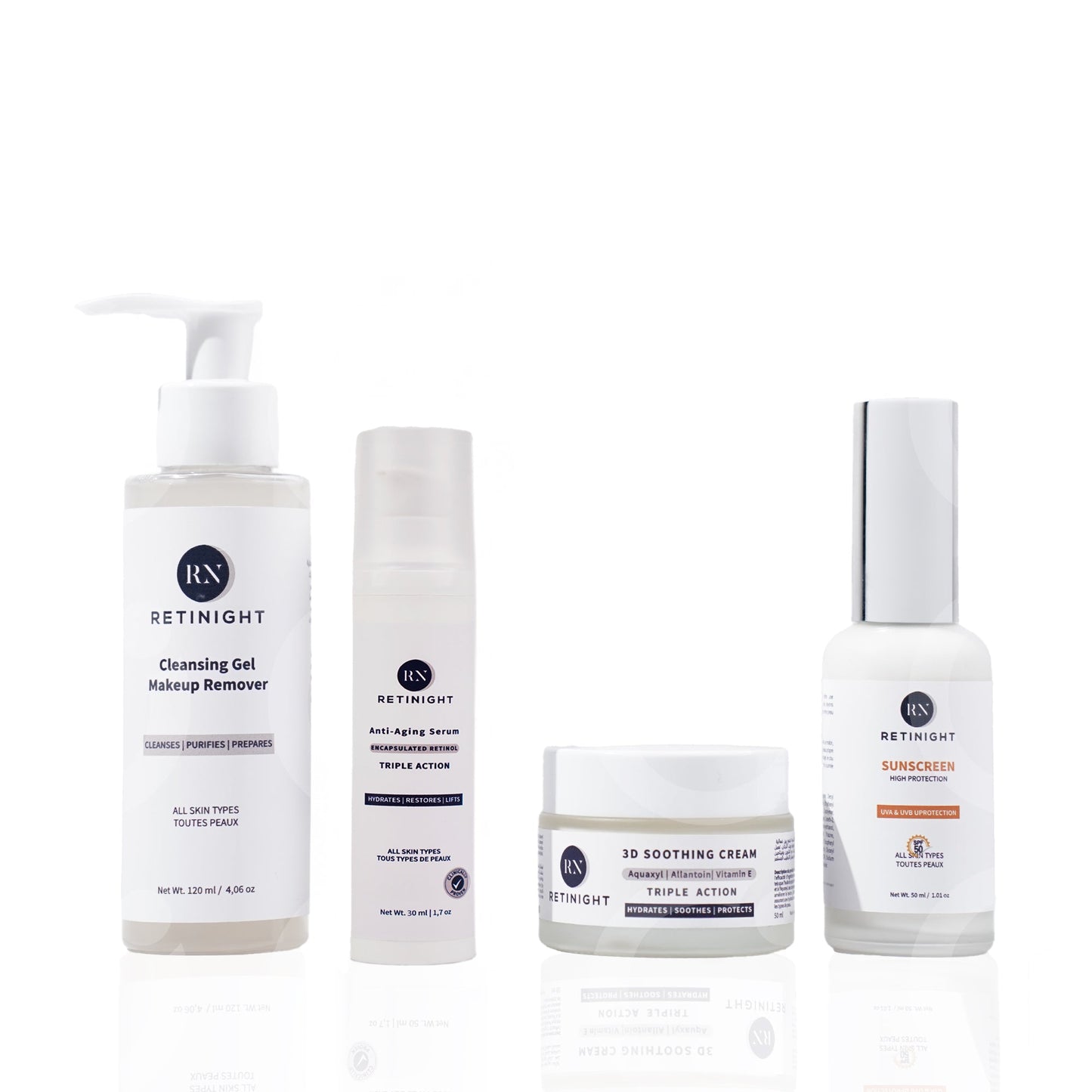 Routine Complète – Gel Nettoyant + Sérum + Hydratant + Écran Solaire Retinight