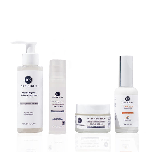 Routine Complète – Gel Nettoyant + Sérum + Hydratant + Écran Solaire