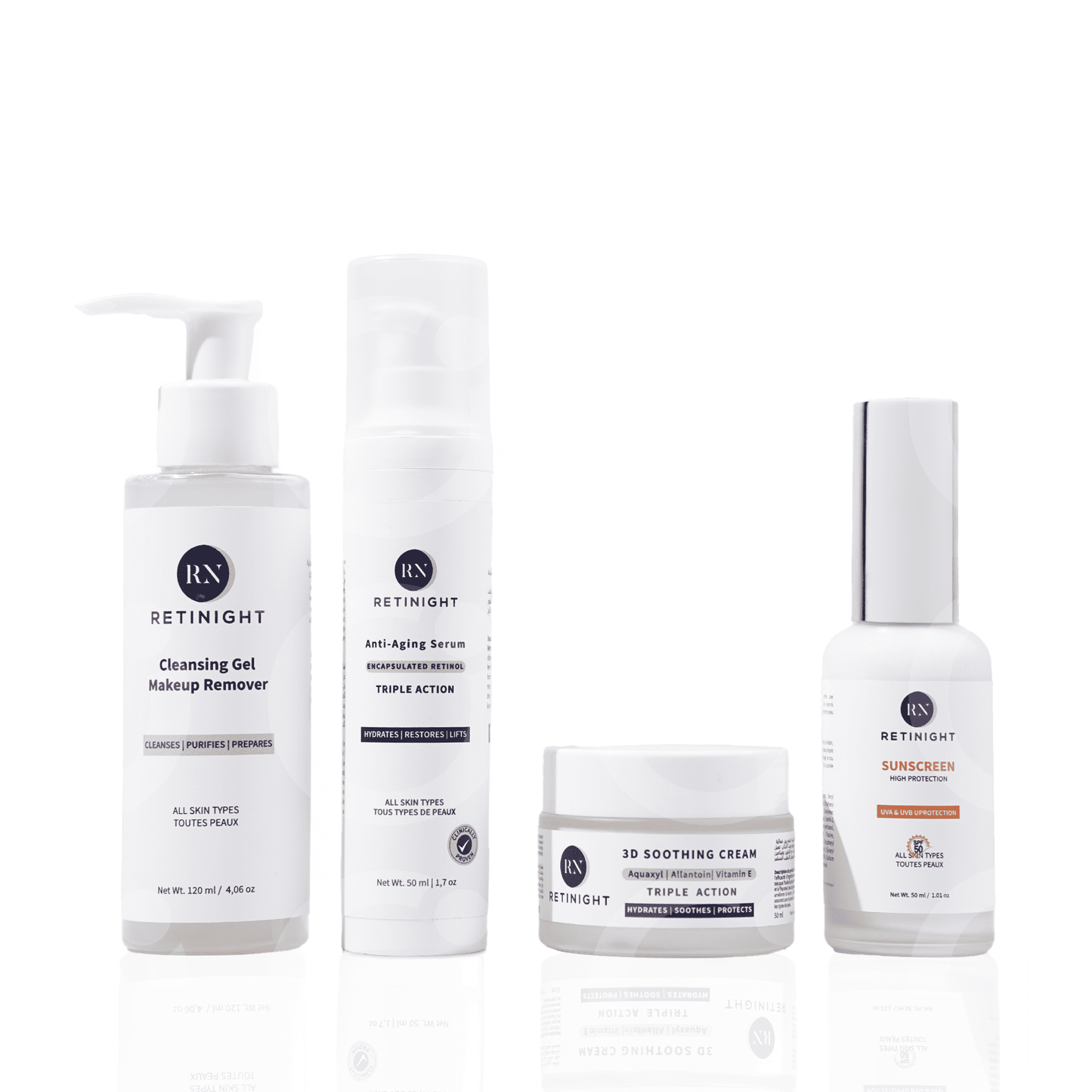 Routine Complète – Gel Nettoyant + Sérum + Hydratant + Écran Solaire Retinight